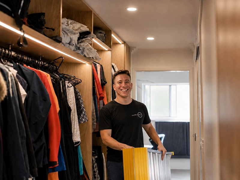 Walk-in robe lighting with LED downlights to improve wardrobe visibility in a Sydney home