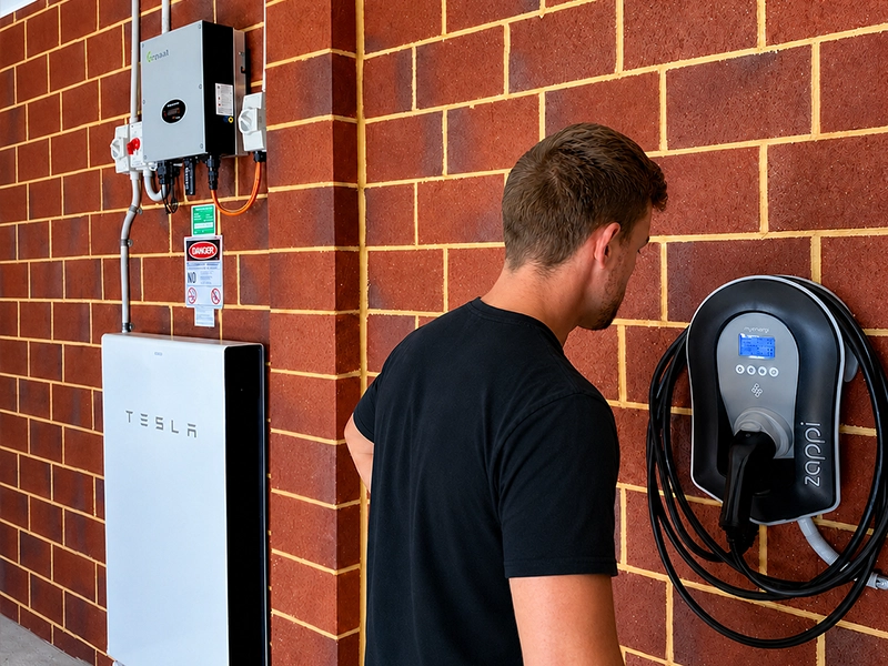 Home EV charging setup with Myenergi Zappi charger and Tesla Powerwall installed on a brick wall in Sydney