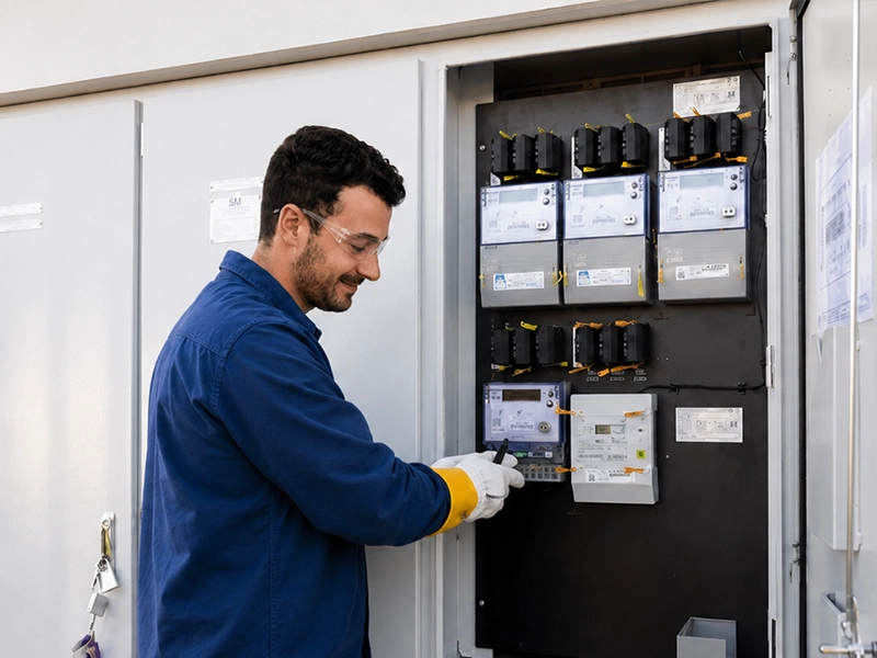 Electrician inspecting advanced three-phase metering equipment for a Sydney property
