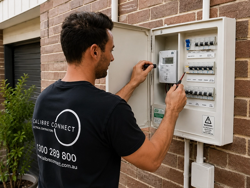 Calibre Connect electrician inspecting RCDs and circuit breakers inside an outdoor meter box and switchboard during an electrical safety inspection at a Sydney home