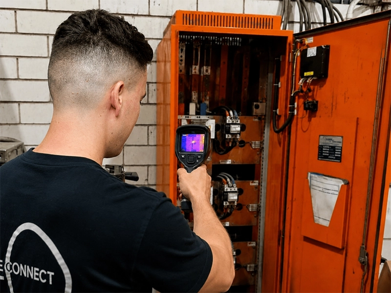 Calibre Connect electrician using a thermal imaging camera to inspect an industrial switchboard in Sydney
