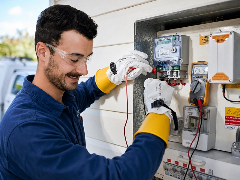 Calibre Connect electrician checking an electrical meter box for meter replacement or relocation at a Sydney property