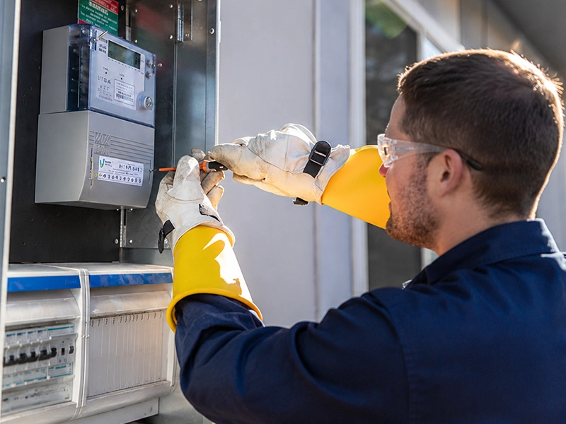 Electrician installing and checking a residential electrical meter in a Sydney home meter box