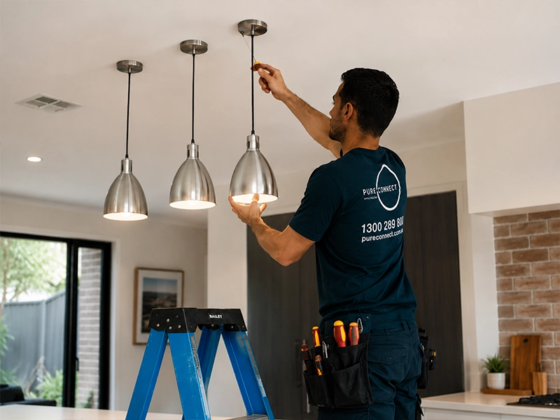 Pendant lights being fitted over a kitchen island during a residential lighting installation in Sydney