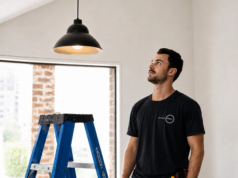 Calibre Connect electrician inspecting an LED pendant light after installation to check for flicker and driver compatibility