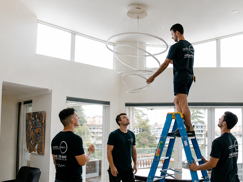Calibre Connect team installing a feature pendant light in a Sydney residential property
