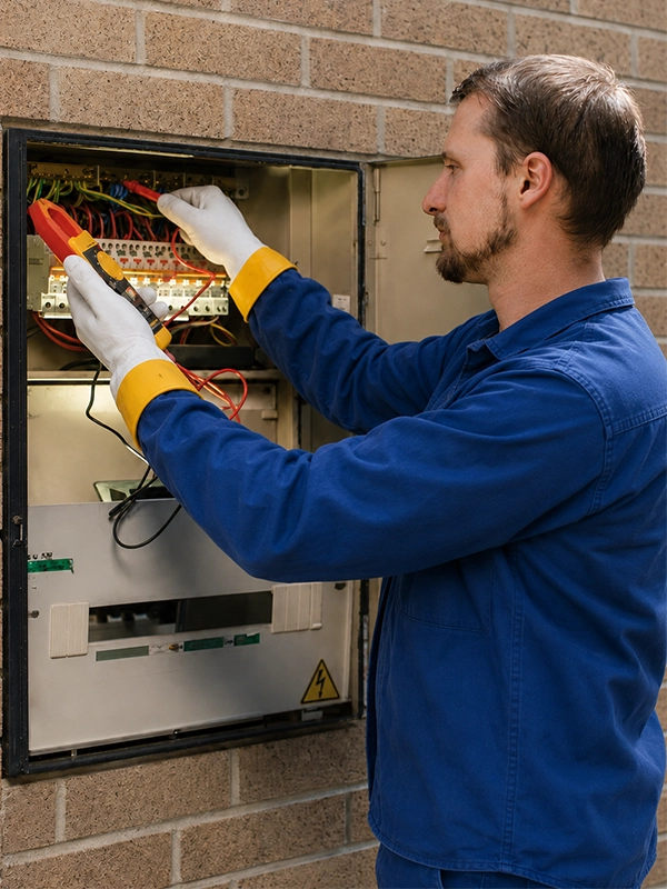 Calibre Connect licensed electrician inspecting switchboard wiring as part of an electrical safety check in Sydney