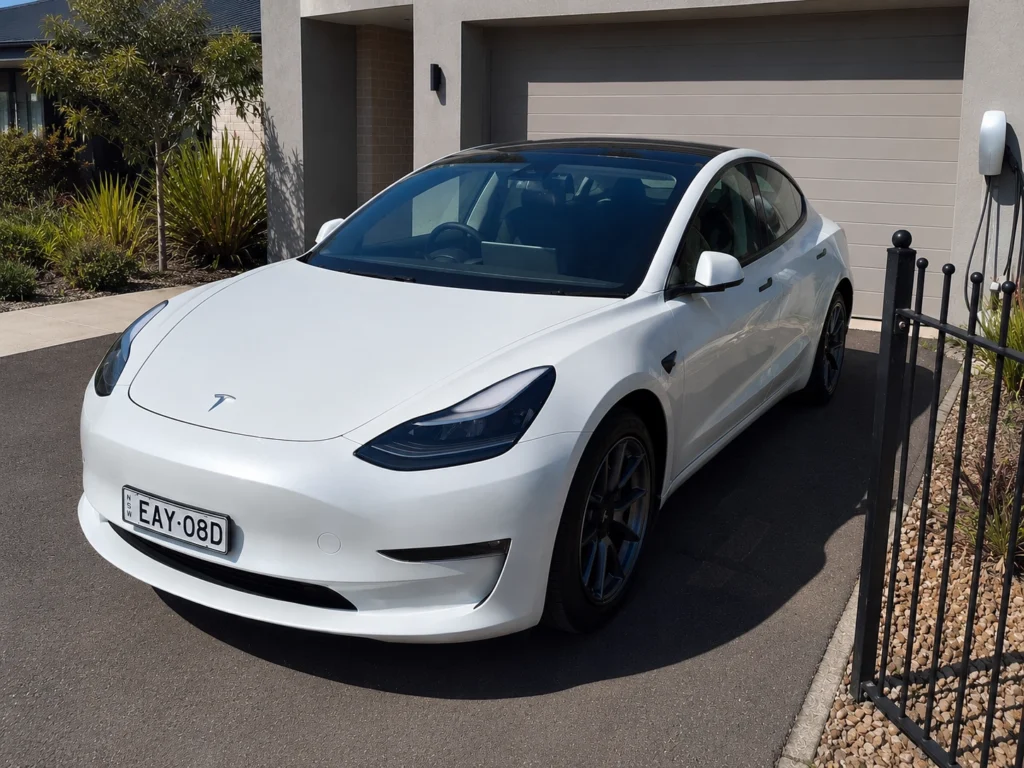 White Tesla Model 3 charging with a Tesla Wall Connector at a residential home in Australia